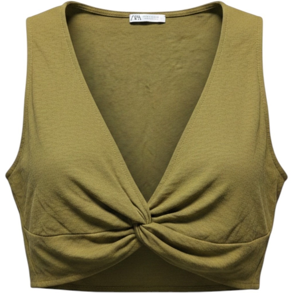Boho Summer Deep V-Neck Sleeveless Crop Top Women Medium Green‎ Zara Knot Front